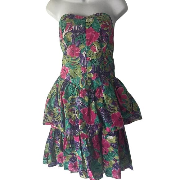 All‎ That Jazz Vintage 80s Funky Size 3/4 Floral Tropical Strapless Mini Dress - Picture 1 of 7
